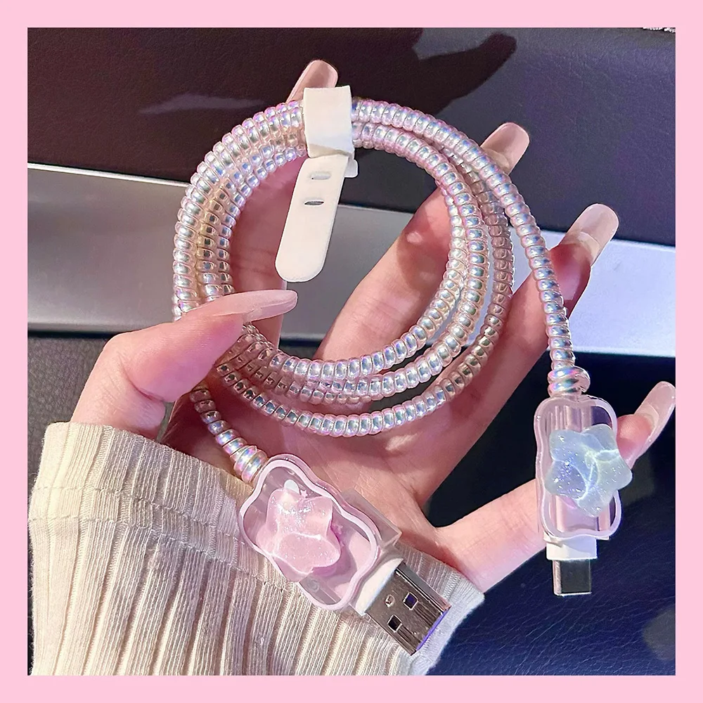 3D Pink Flower 18W 20W For US Charger Protection Cover Cute Bear USB Cable Winder Protector Shell Case For iPhone Huawei Xiaomi