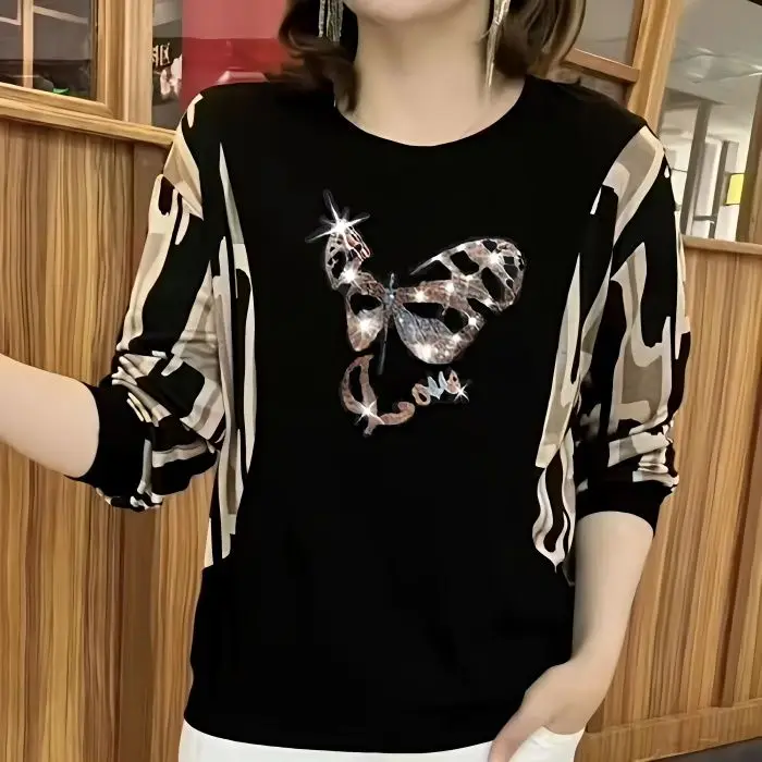 

New Spring Autumn Women's Long Sleeve Round Neck T-shirt Blouse Middle Age Mom Fashion Casual Iron Diamond Loose Pullovers Tops