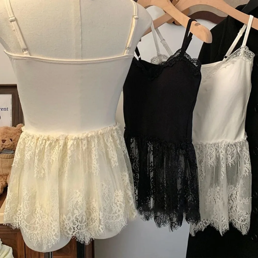 Breathable V-neck Sleeveless Camisole With Chest Pad Skin-friendly Lace Layered Gauze Skirt Lace Patchwork Ballet Style