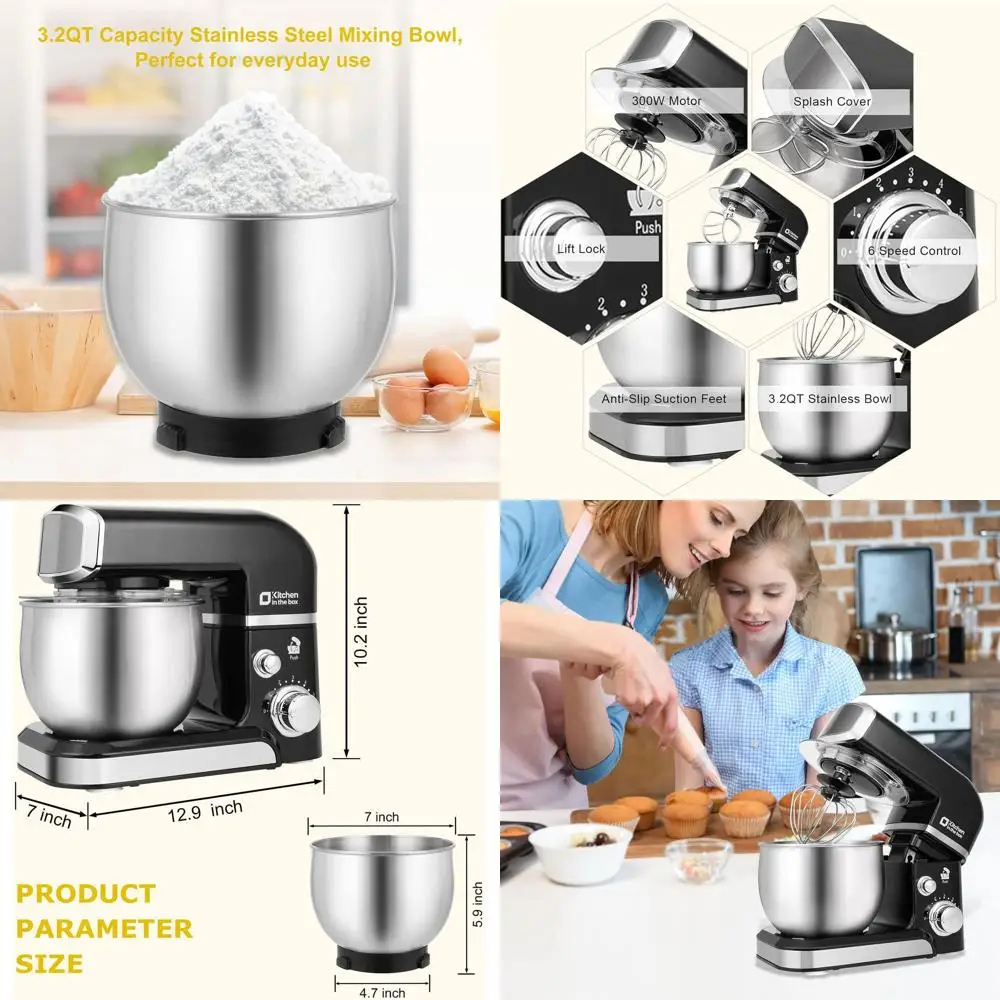 

Компактный электрический миксер 3,2 л с 6 скоростями, портативный для ежедневного использования на кухне - в комплекте: венчик для яиц, крюк для теста, плоская насадка (черный)