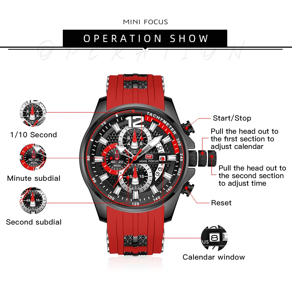 MINI FOCUS Fashion Waterproof Mens Watches Top Brand Luxury Chronograph Quartz Men Watch Red Silicone Strap Sports Wristwatches