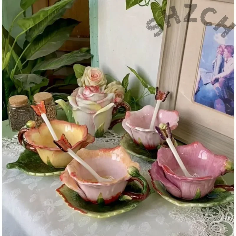 Korean-Inspired Ceramic Coffee Mug Set with Hand-Drawn Roses – Underglaze Colored Dessert Cups & Saucers for Home Afternoon Tea