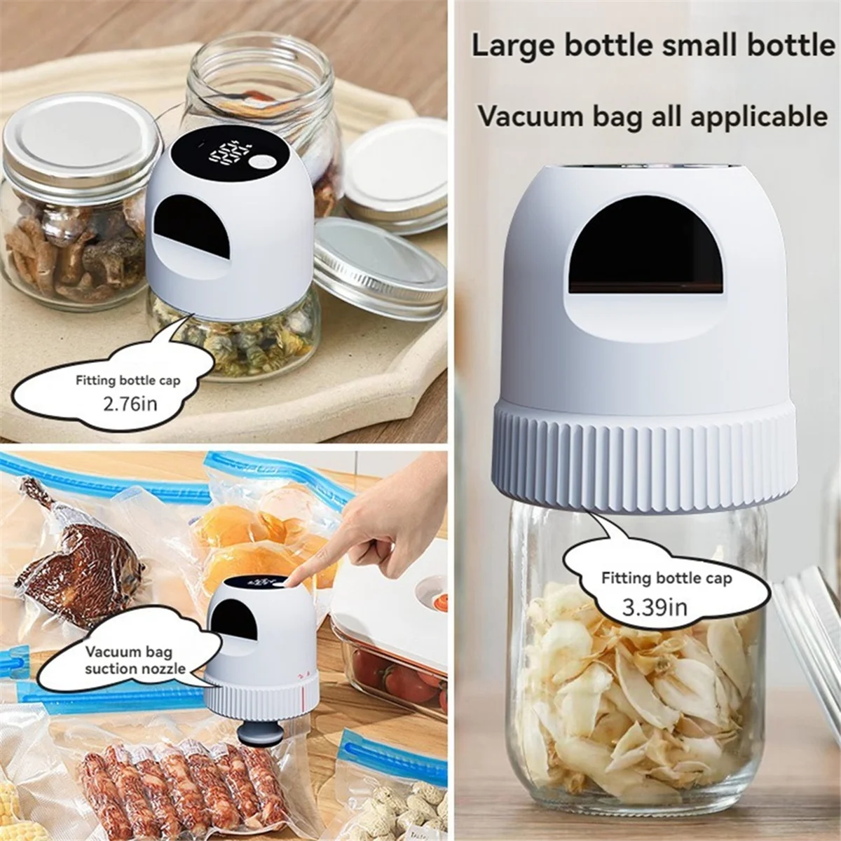 مجموعة أدوات تفريغ جرة ميسون الكهربائية الجديدة 3 في 1 سدادة مكنسة كهربائية أوتوماتيكية لأكياس مكنسة برطمان ميسون ذات فم واسع وعادي باللون الأبيض