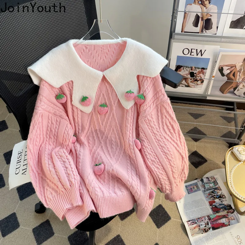 Japanese Sweet Pullover Women\'s Clothing Cute Peter Pan Collar 3D Strawberry Jumper Fashion Pink Knitted Sweater 2023 Ropa Mujer