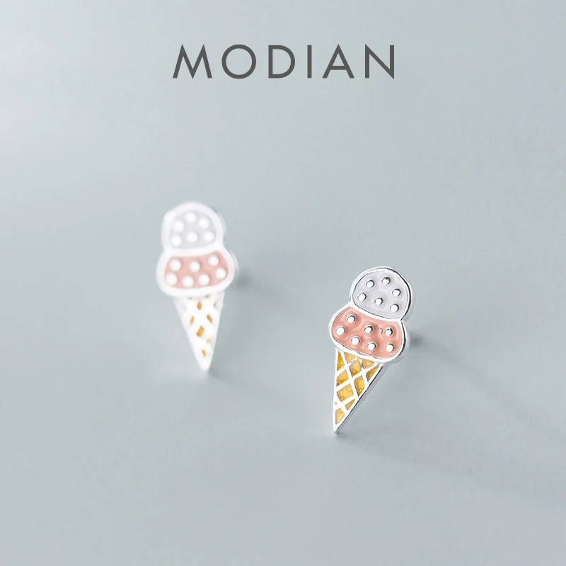 MODIAN Summer New Food Ear Pin dla kobiet Prawdziwe srebro próby 925 Kolorowa emalia Kolczyk w kształcie lodów Drobna biżuteria Prezent dla dzieci
