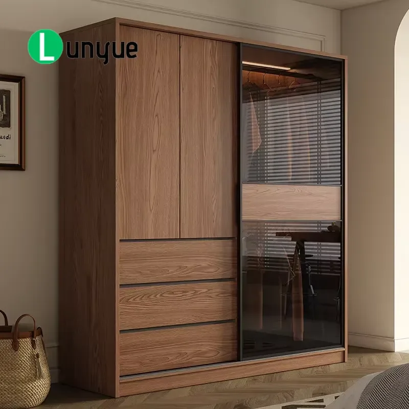 Modern Simple Double Sliding Door Wardrobe Walnut Color MDF Material Space Saving Storage Cabinet for Bedroom Small Apartment