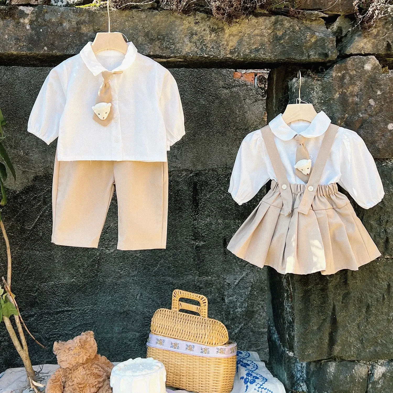 

Baby Brother And Sister Outfit Newborn Kindergarten Suits Toddler Boys Tops Shirt Pants Clothes Girls White Blouse Skirts Sets