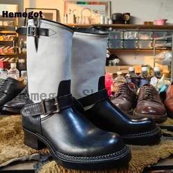 Retro Motorcycle Boots Classic Biker Boots British Style Western Men's Mid-Calf Booties Handmade Black and White Bicolor Boots