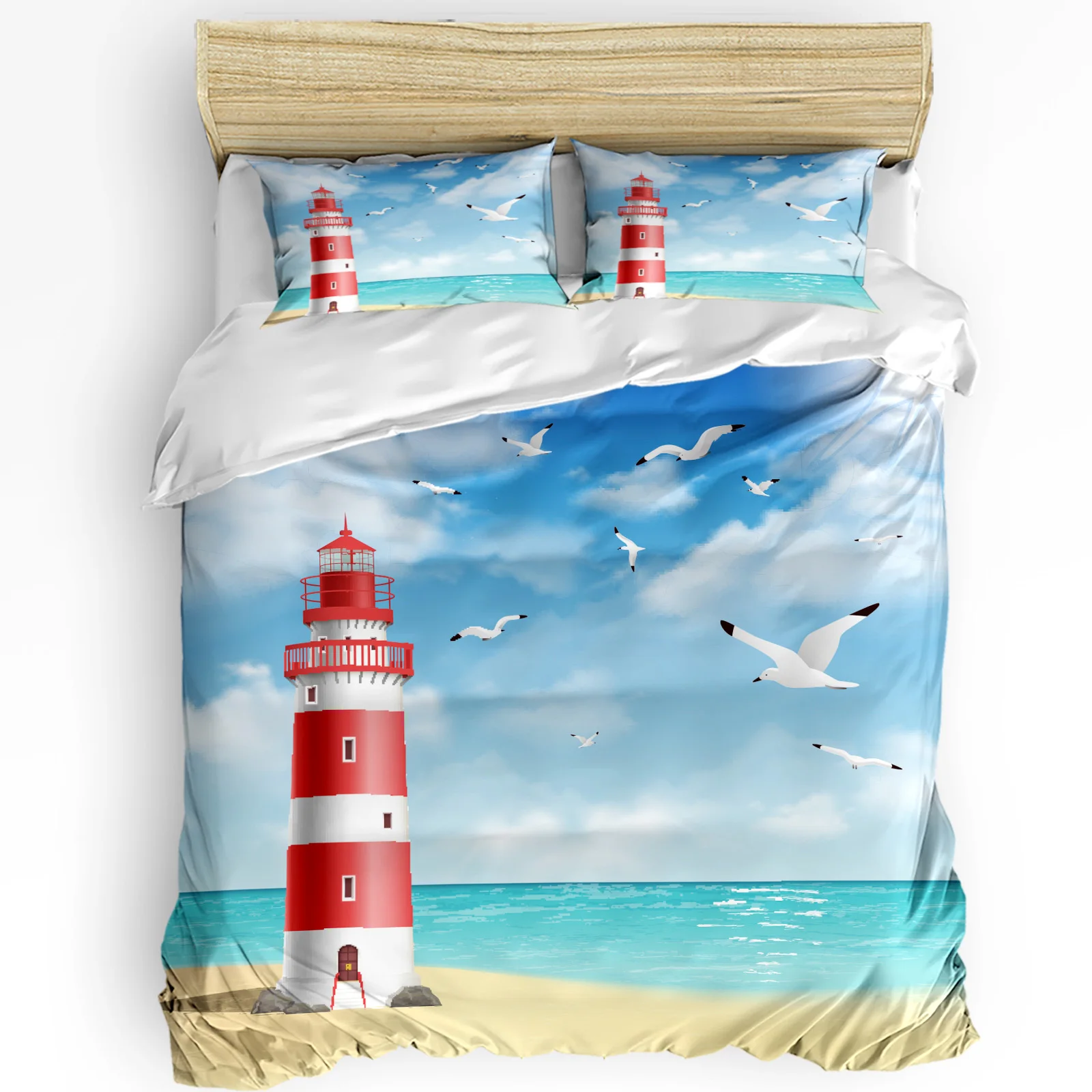 

Lighthouse Beach Seagull 3pcs Duvet Cover Set with Pillow Case Double Comforter Bedding Set Quilt Cover Couple Bed