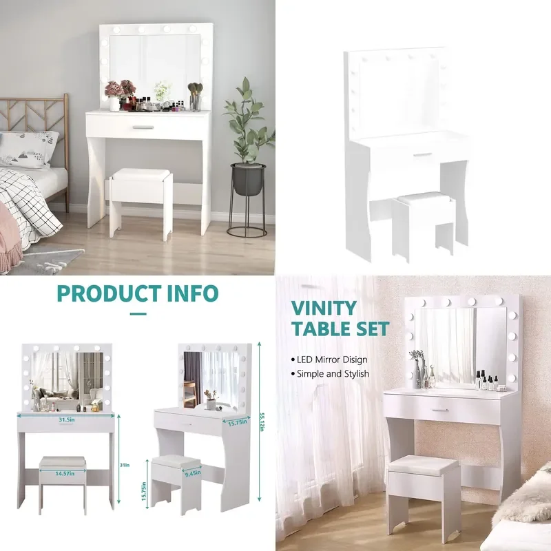 White Vanity Table with Mirror Charging Station Storage Stool Set for Bedroom Makeup Desk