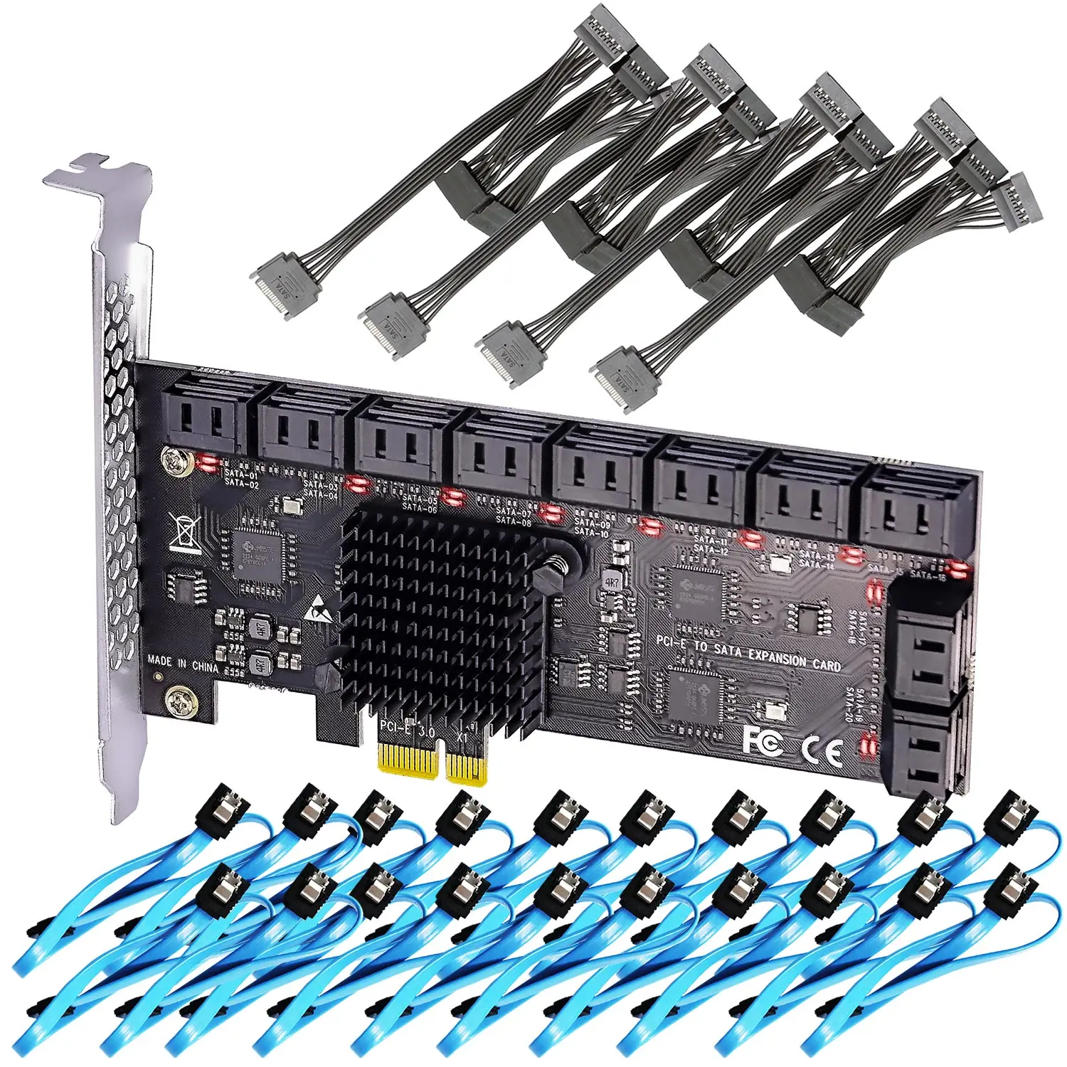 PCIe SATA Adapter Card with 20 Port SATA III 6Gbps (Including SATA Cables and 1:5 SATA Splitter Power Cable)