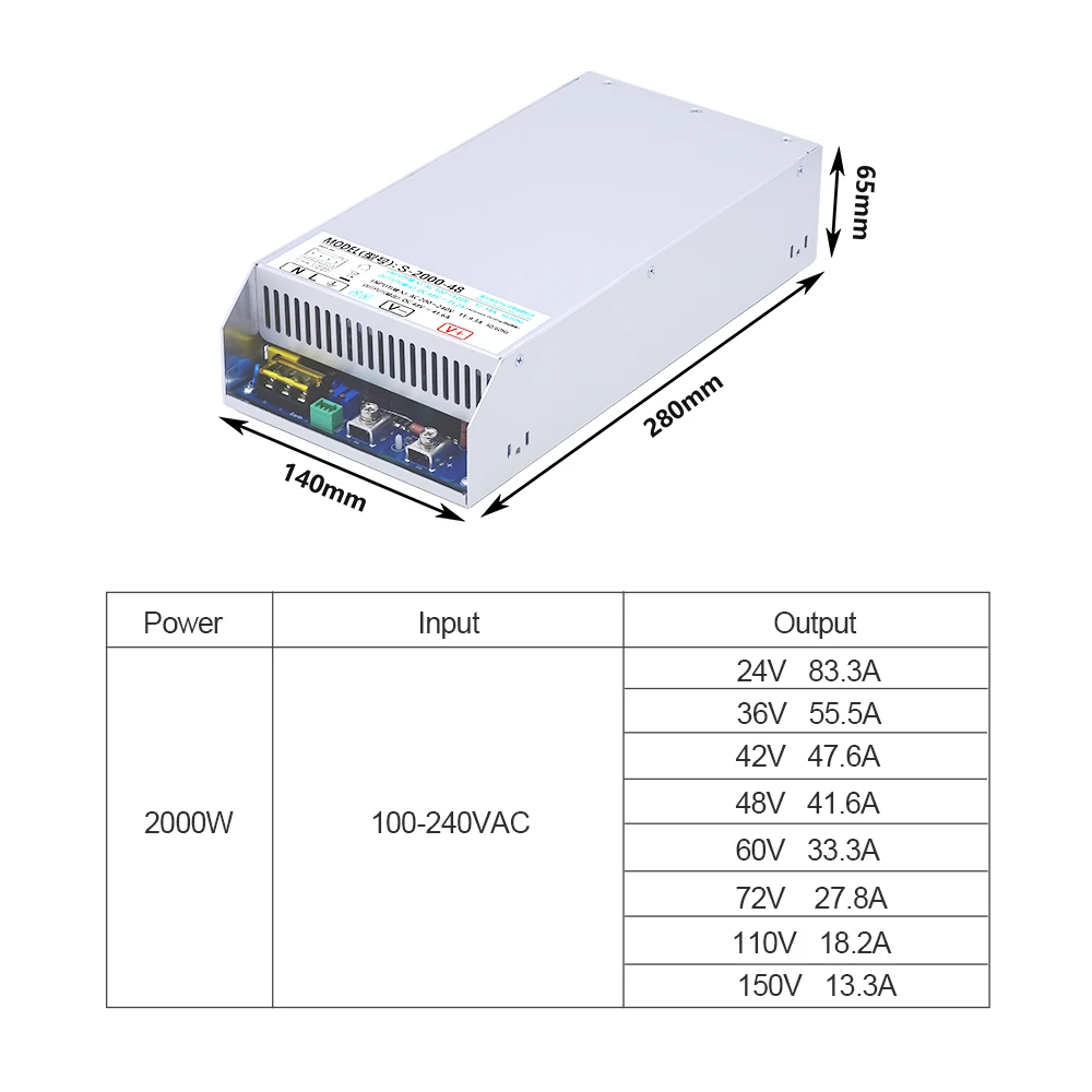 ZJIVNV 2000W Switching Power Supply S-2000 Active PFC 24V 36V 48V 60V 72V 110V AC-DC Industrial SMPS Transformer for CNC LED