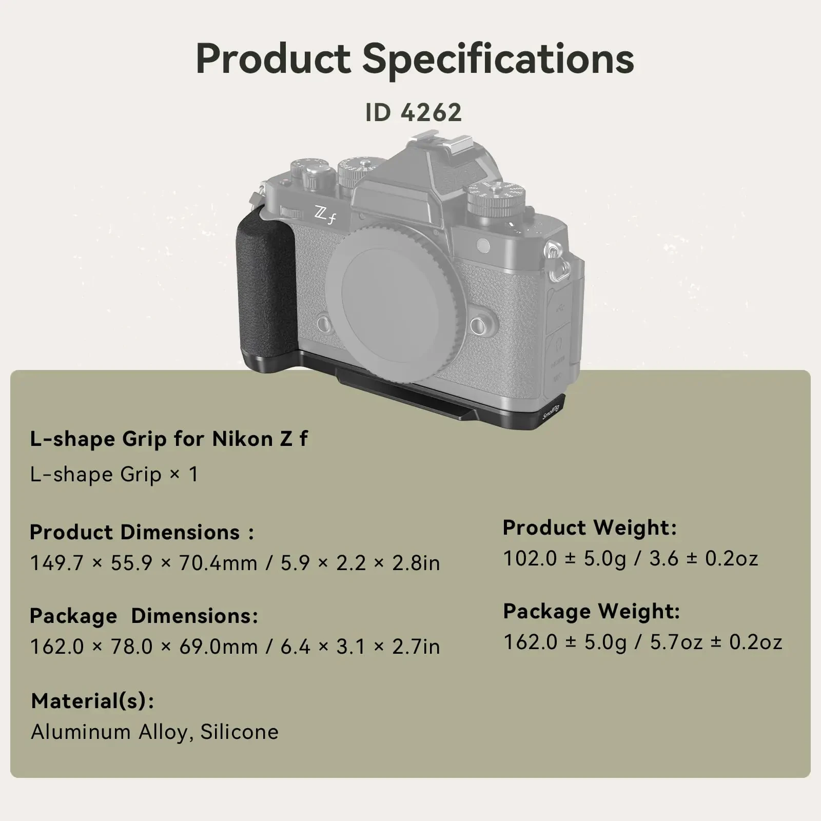 SmallRig Z F L-vormige handgreep voor Nikon Z F, met siliconen handvat, lichtgewicht en draagbaar, geschikt voor Arca-type statieven, model 4262.
