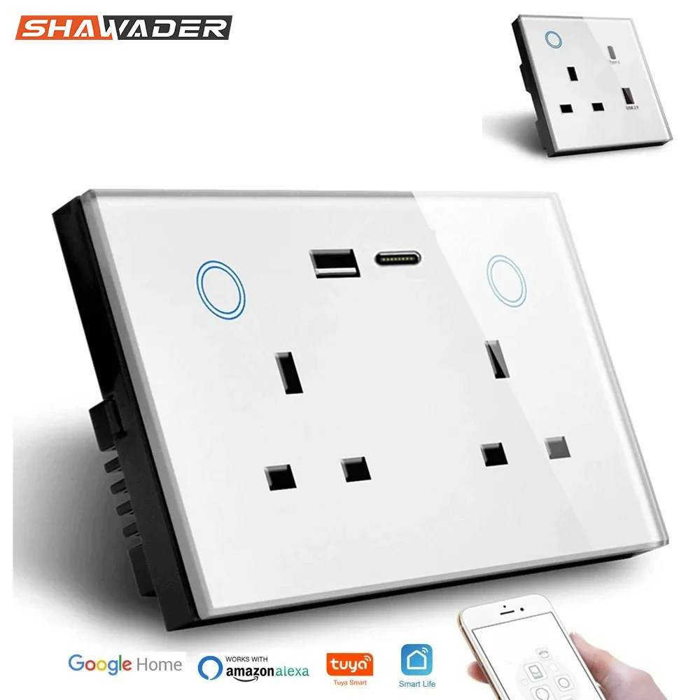 WIFI Smart Tuya USB Type C Wall Socket UK Plug Outlet 13A Power Touch Switch Wireless Energy Monitoring by Alexa Google Home