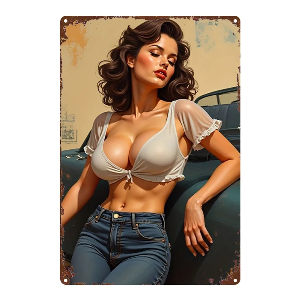 Retro Pinup Girl Metal Tin Sign 8x12 Inch - Vintage Wall Decor for Living Room