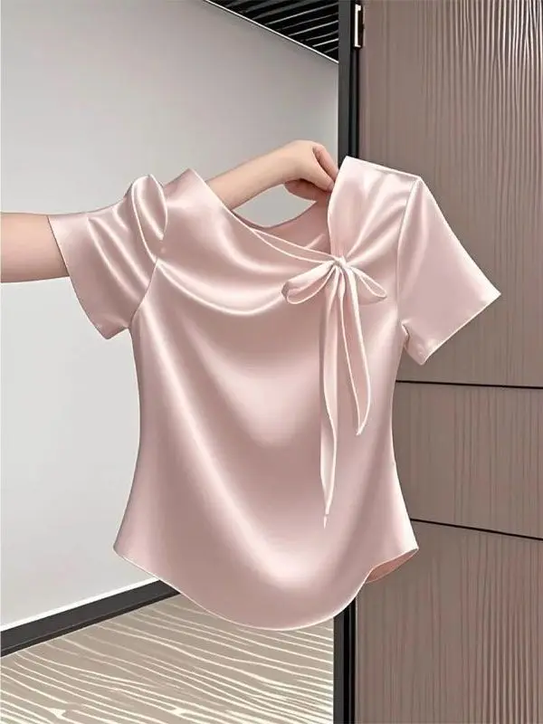 

Korean Style Slim Fit Short Sleeve T-Shirt Women's Knot Purple Versatile Fashionable Summer Top Commute Style