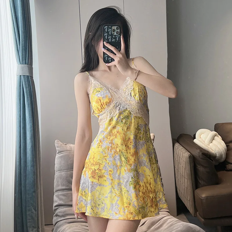 Sexy Strap Nightdress Lace Chemise Sleepwear Loungewear Summer Women Satin Nightwear Home Dress Print Nightgown Dressing Gown