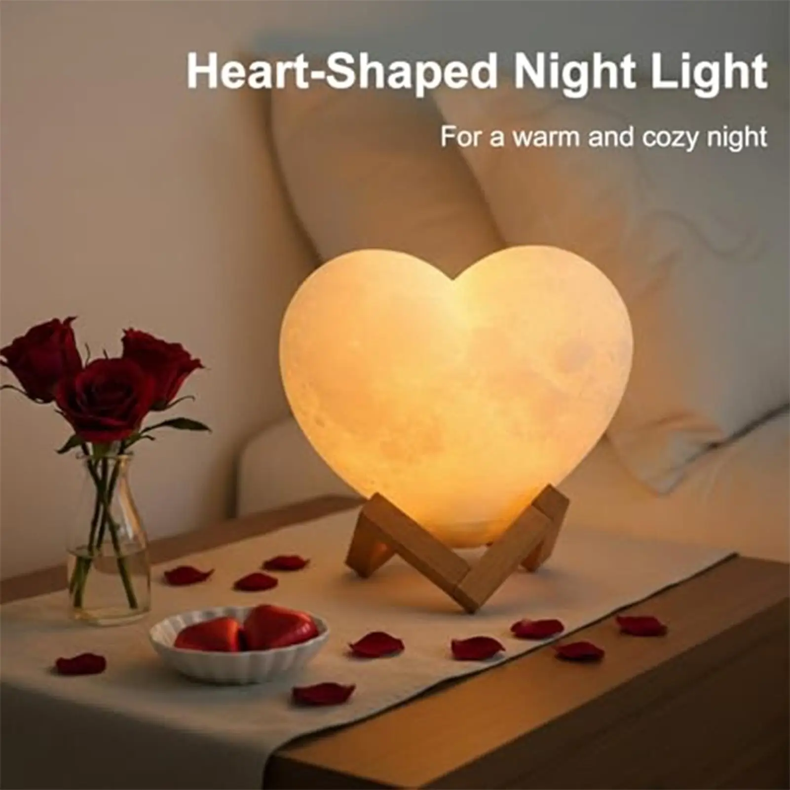 Heart Night Light 16-Color USB Rechargeable LED Nightlight Heart Shaped Light with Stand and Remote Control for Valentine's Day