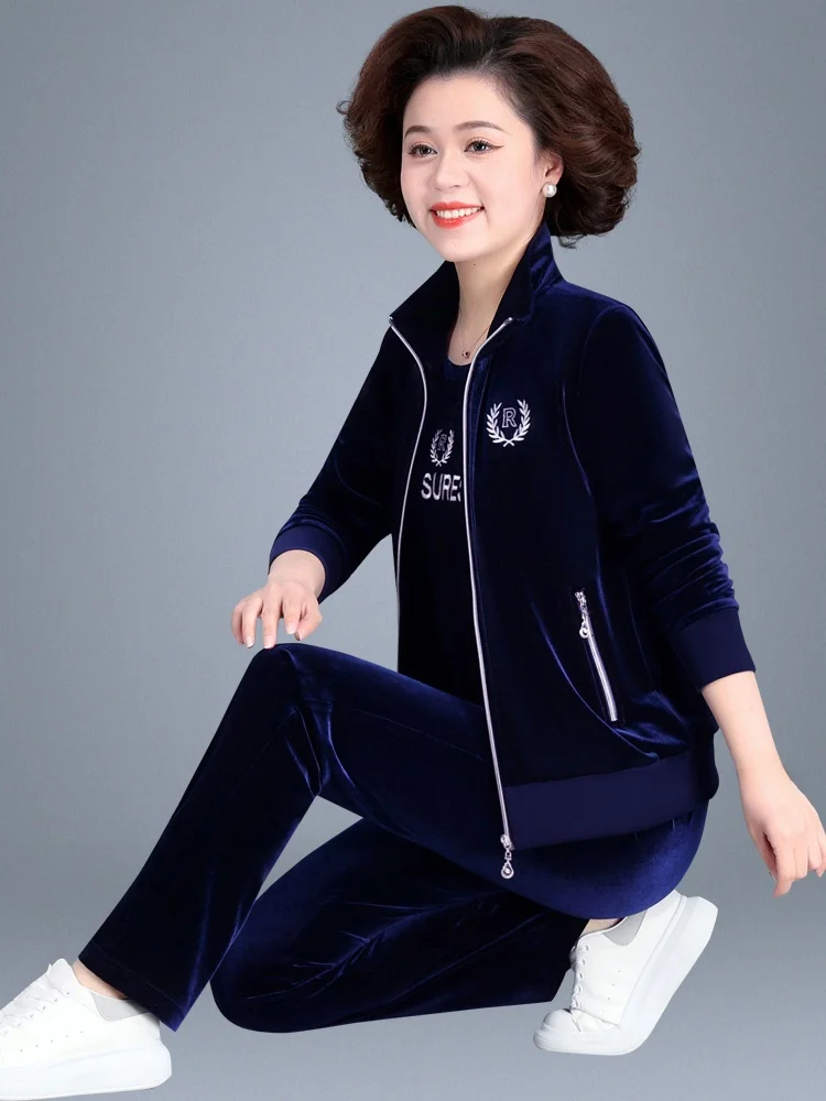 

Весенне-осенний комплект из золотистого бархата для женщин: модный свободный комплект из двух предметов больших размеров для мам среднего возраста, спортивная одежда