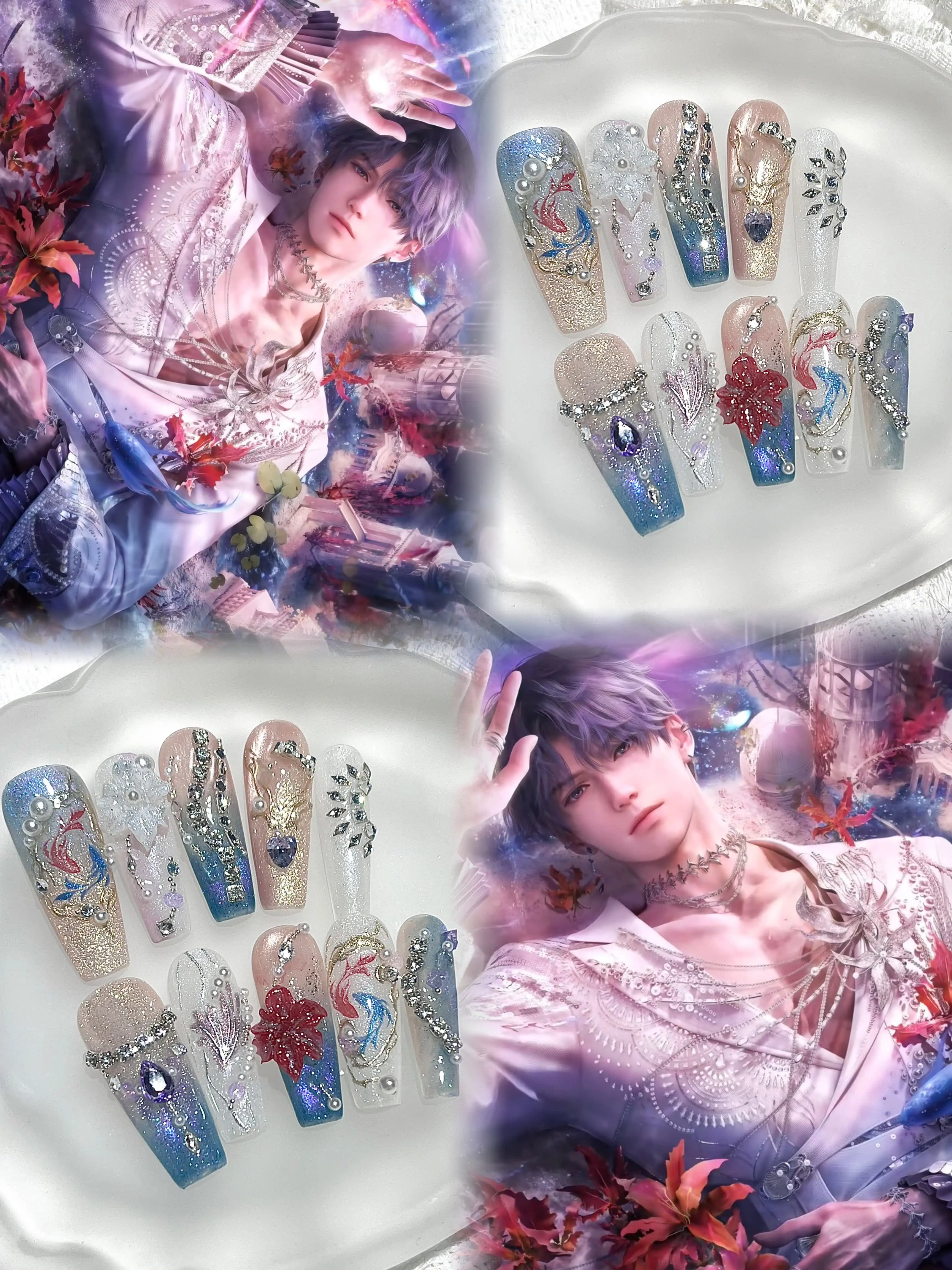 Anime Love and Deepspace Rafayel Cosplay – Faux ongles press-on peints à la main, motif dessin animé, patchs décoratifs, pointes d'ongles portables, cadeau