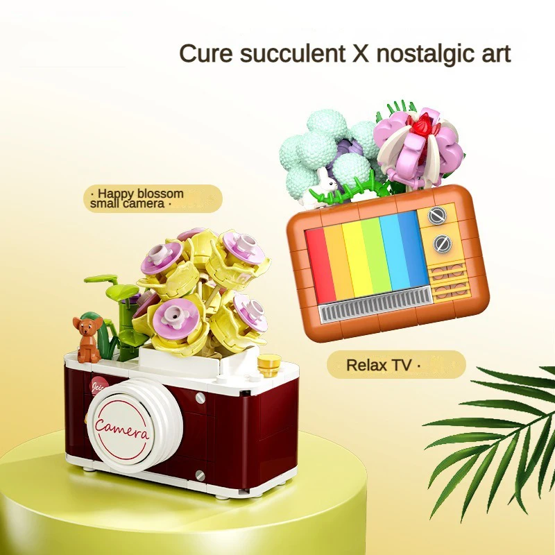 Blok bangunan partikel kecil kreatif, radio TV, blok bangunan sukulen kamera telepon bunga