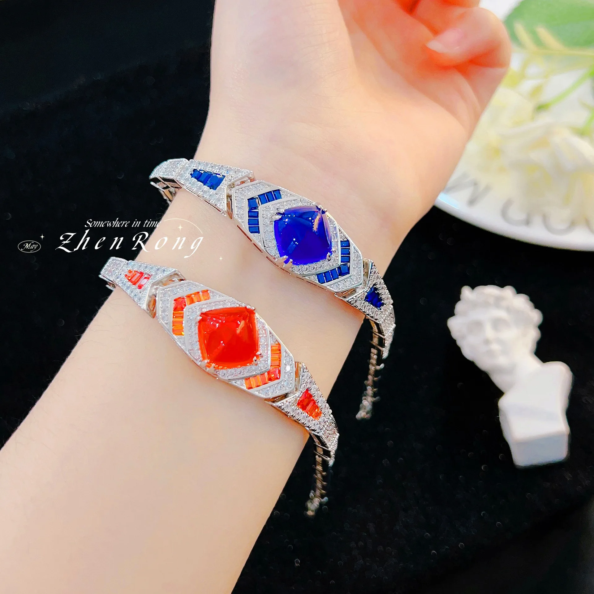 Foydjew Luxury Elegant Orange/Green/Blue Multicolor Sugar Tower Crystal Bracelets Silver Color 18+4cm Chain Bracelet For Women