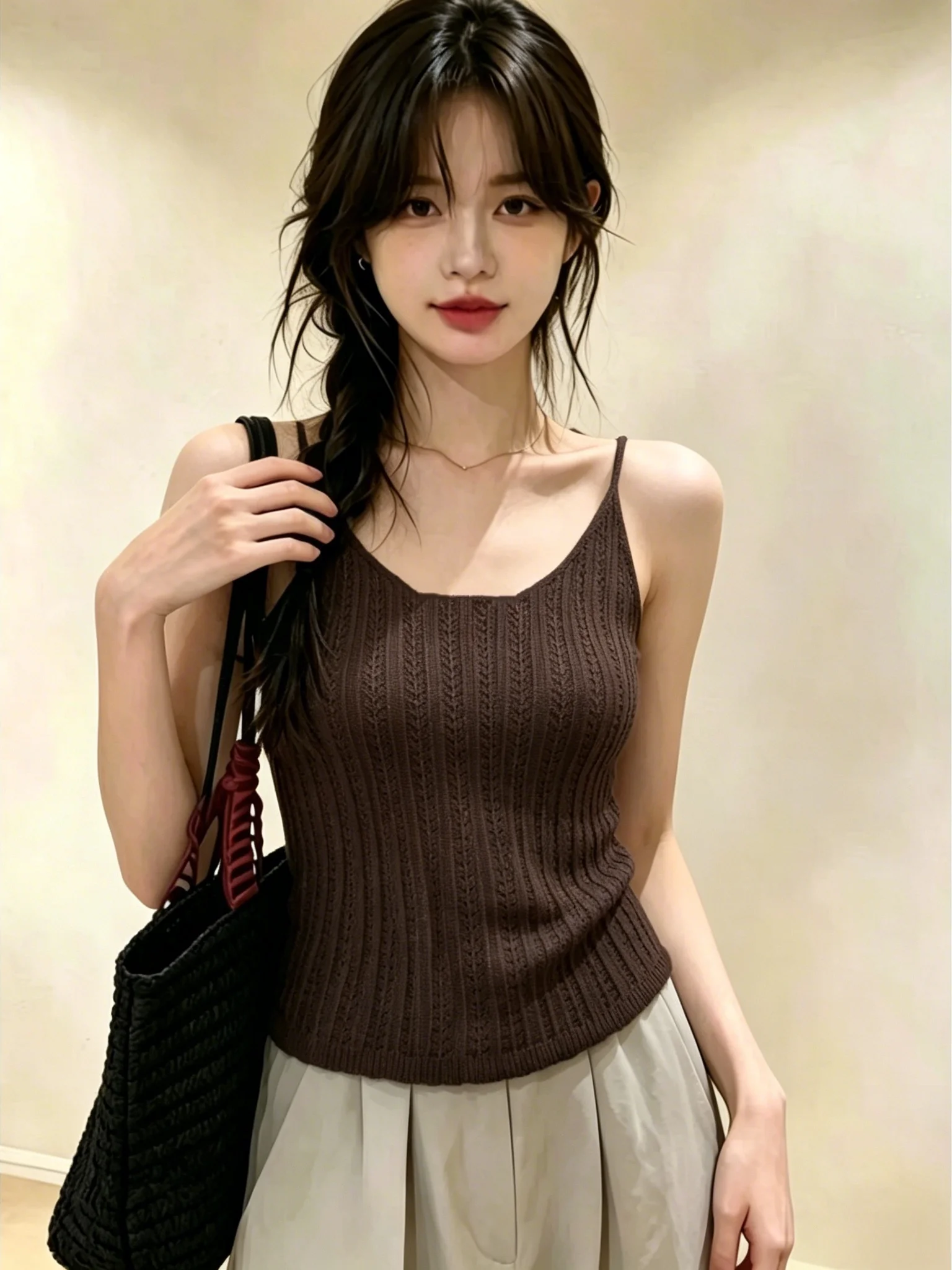 

Ladies Summer Thin Knitted Hollow out Strap Vest Self-Keeping Style Korean Version Commute Friendly Pure Color Sleeveless Top