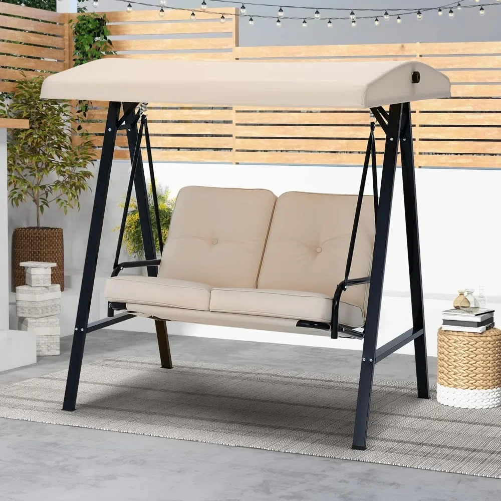 

"2-Seat Outdoor Patio Swing - Adjustable Canopy Porch Chair for Adults w/ Removable Cushions"​