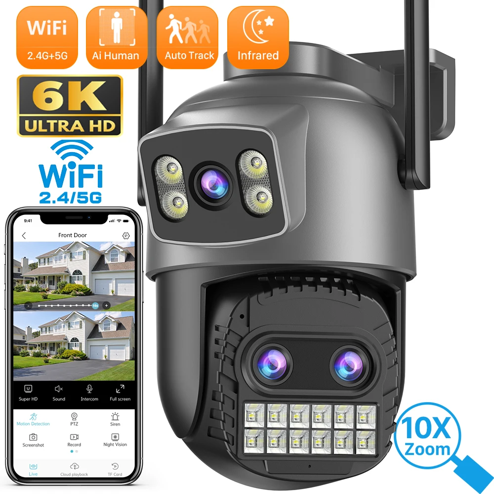 

6K 15MP Outdoor PTZ Wifi Camera 10X Zoom Three Lens Dual Screens Surveillance 10MP Dual Lens Auto Tracking Surveillance Camera