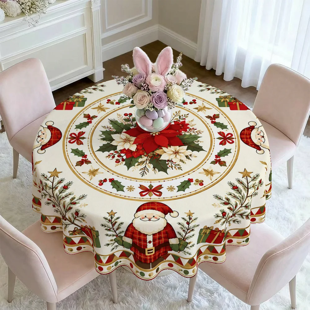1 tablecloth, Christmas-themed, round tablecloth with Santa Claus, Christmas flowers and gift patterns