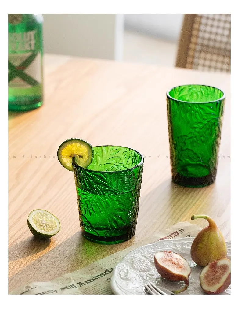 DEOUNY Vintage Embossed Green Glasses Goblet Heavy Thick Dessert Wine Glasses Goblets Stemware Side Water Whiskey Glass Cup