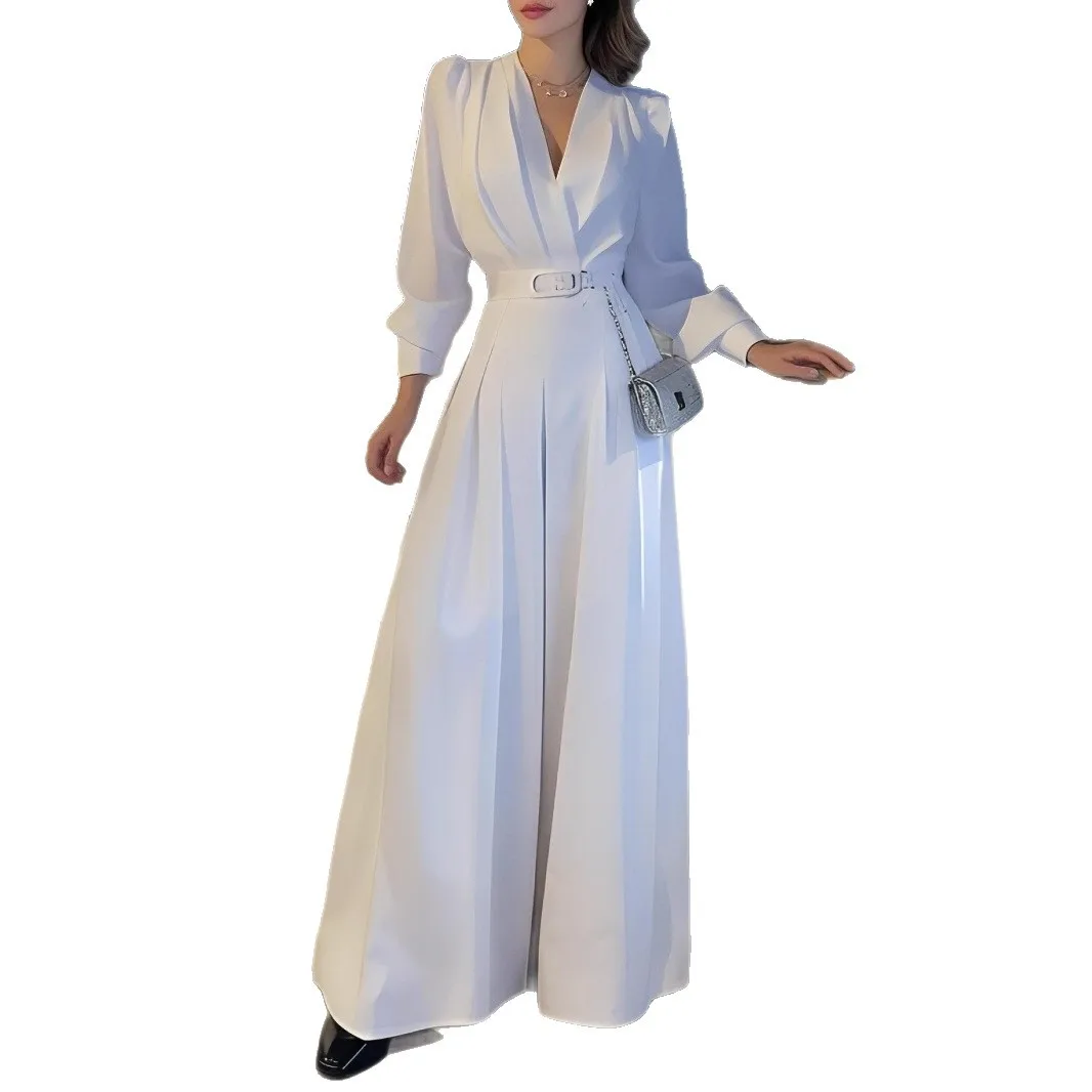 

2025 Новая мода плиссированный облегающий комбинезон с v-образным вырезом женский осенний повседневный свободный однотонный офисный комбинезон с поясом для женщин