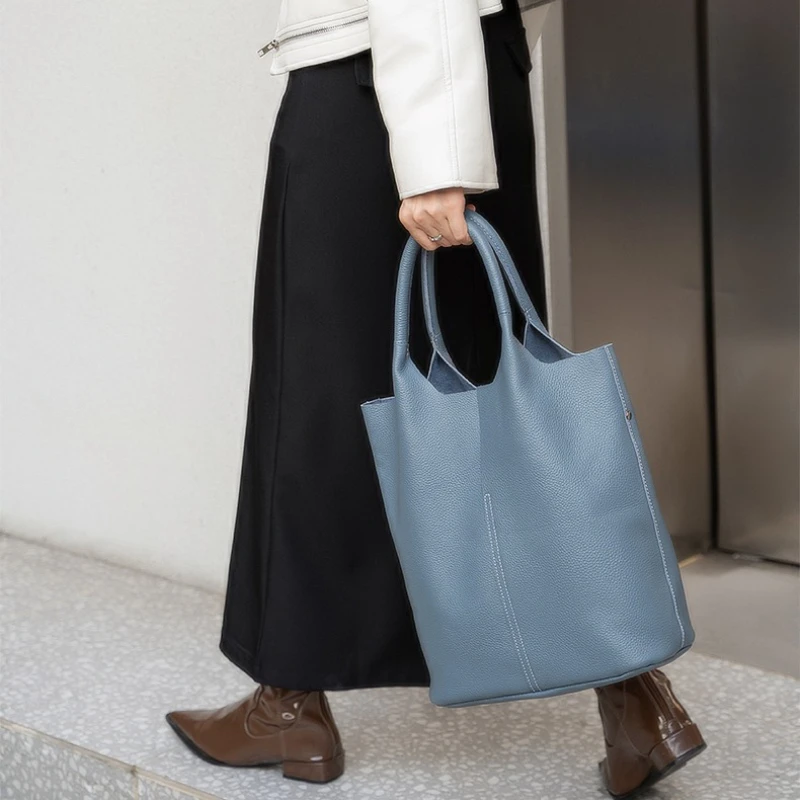

Ladies Luxury Woman Bucket Tote Bag 100% Genuine Cow Leather Shoulder Bag Ladies Handbags Big Shopper Composite Bag Fashion Blue