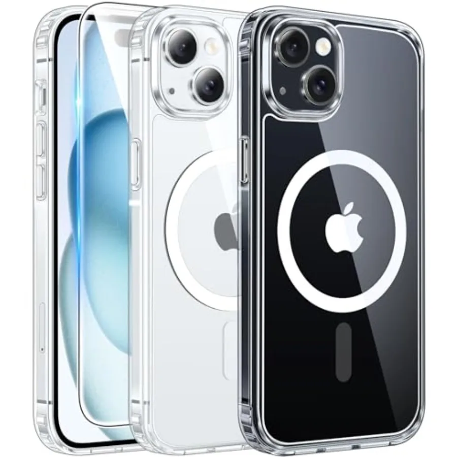 

for iPhone 15 Case Clear: iPhone 14/13 Case Magnetic Phone Cases with Screen Protector Compatible with Magsafe Slim Anti Yellow