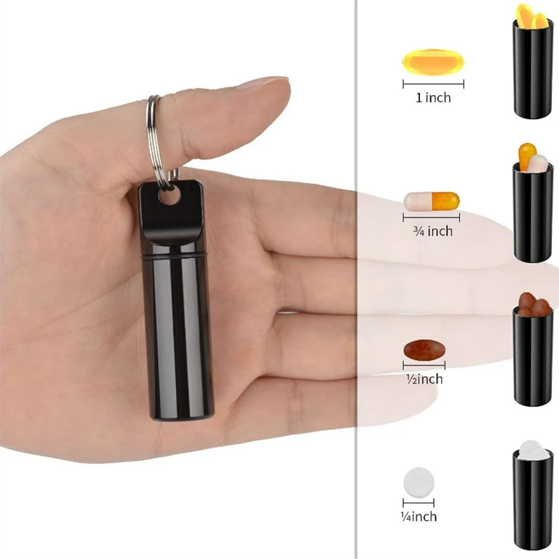 Wasserdichte Pillendose aus Aluminium mit versiegelter Aufbewahrung, flachem Kopf, runder Legierungskartusche und Schlüsselanhänger für Vitamin-Fischöle