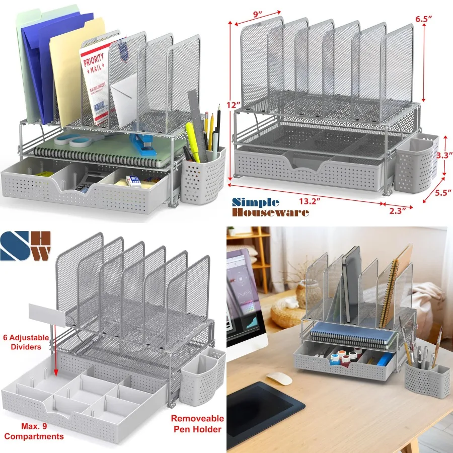 Organizer Meja Modern dengan Laci Geser, Dua Rak, dan 5 Sekat Tegak untuk Penyimpanan Kantor yang Efisien dan Pengaturan Kabel