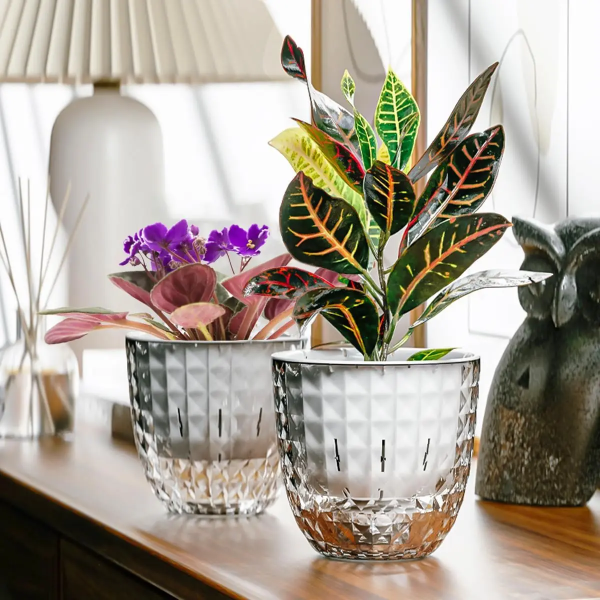 

2 Pack 4 inch Self Watering Plants Pots Planters for Indoor Plants, African Violets Pots with Drainage Holes and Tray, Modern Pl