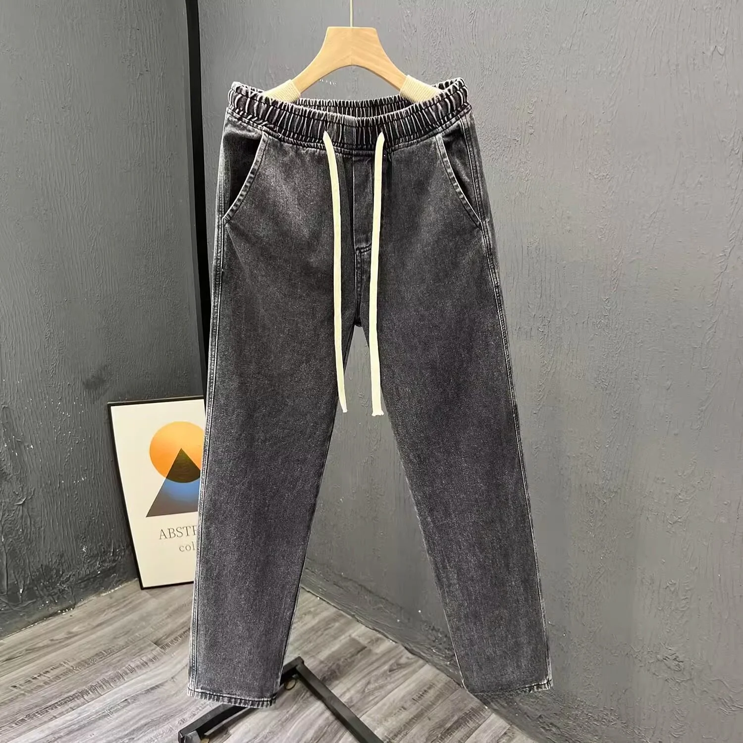 Casual Straight Leg Jeans Men's Spring Autumn Workwear Elastic Waist Denim Pants Wear Resistant Multi Pocket Youth Fashion