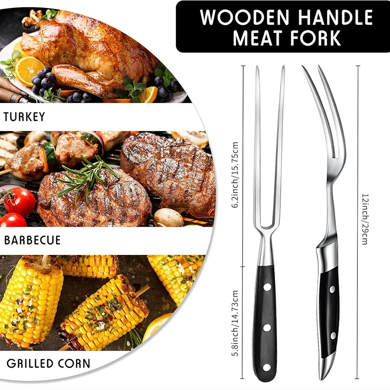12-Inch Metal Meat Fork with Wooden Handle, Stainless Steel Serving / Carving Forks for Grill BBQ Cooking - Kitchen Tools
