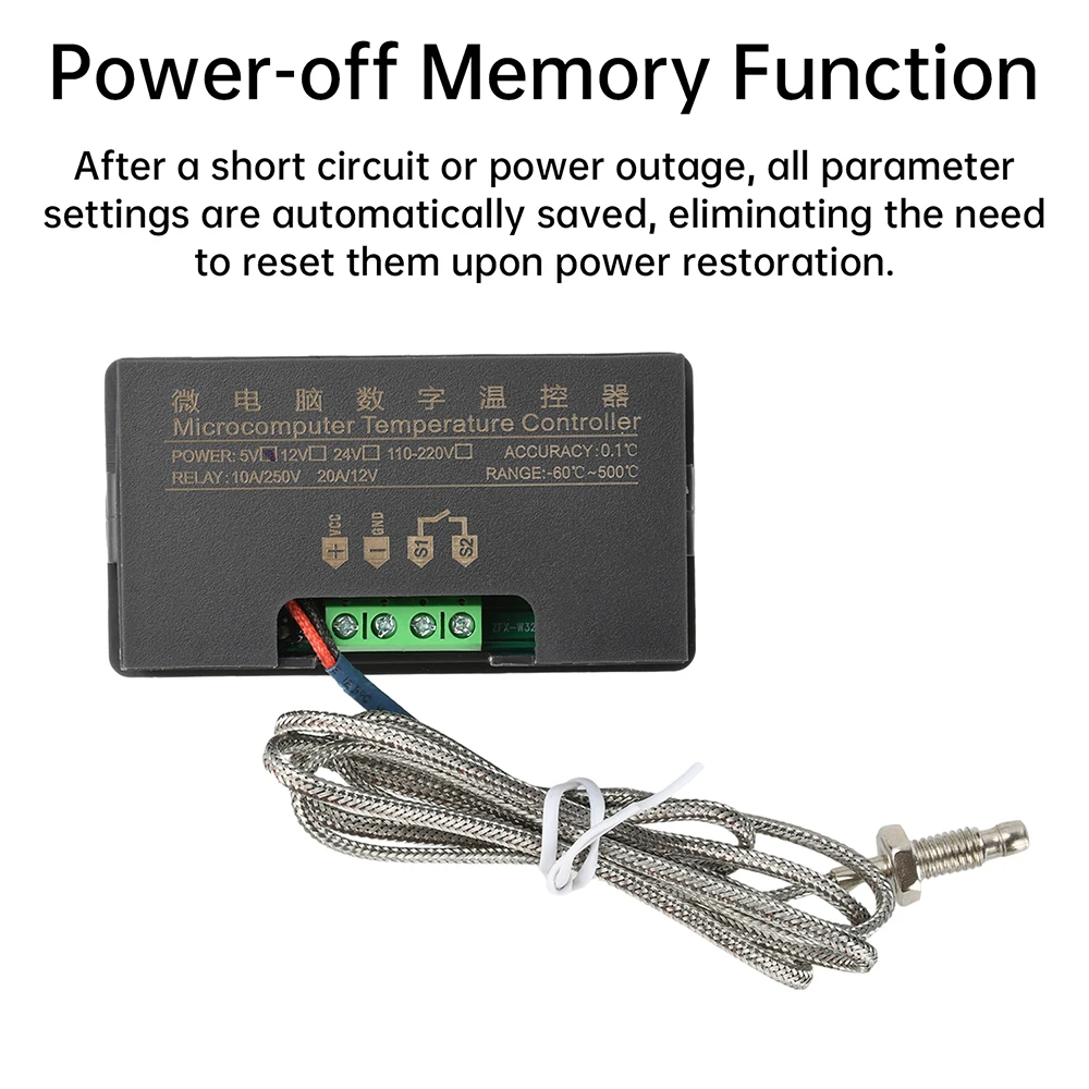 W3230 Temperature Controller M6 Threaded K Thermocouple Digital Thermostat -60°C to 500°C Relay Output DC 5V 12V 24V/AC 110-220V
