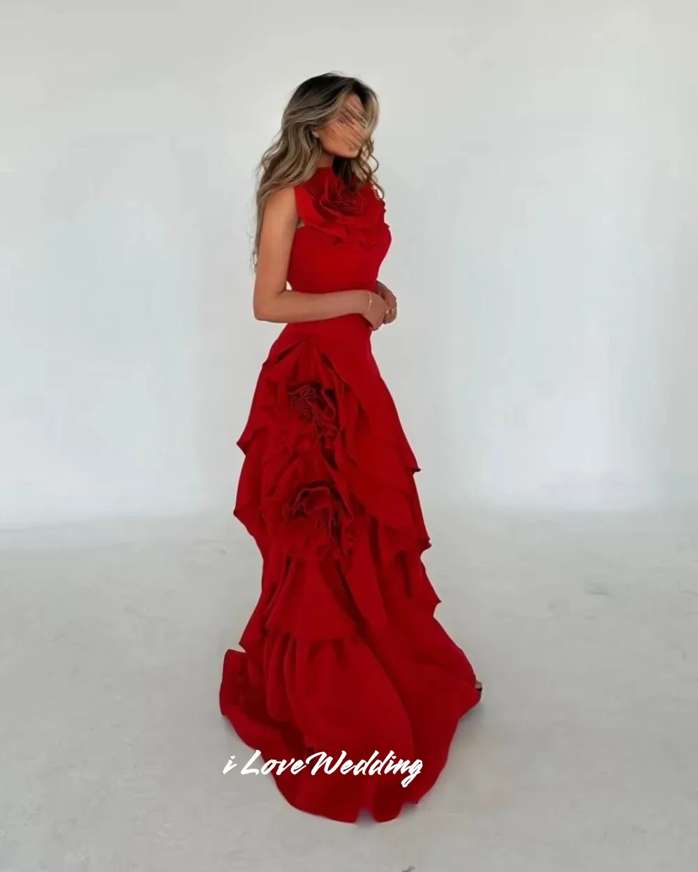 Red One Shoulder Evening Dresses 2025 Satin Flower Mermaid Tiered Prom Dress Pleated Floor-Length Wedding Party Dress Customized