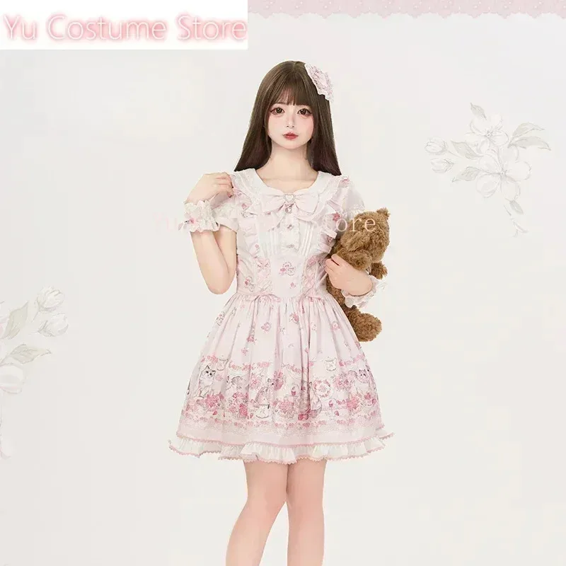 유 코스튬 일본 스타일 대량생산 소녀 귀여운 로리타 여성용 하이웨이스트 러플 프린트 스위트 카와이 숏 드레스 여름5;c,8'