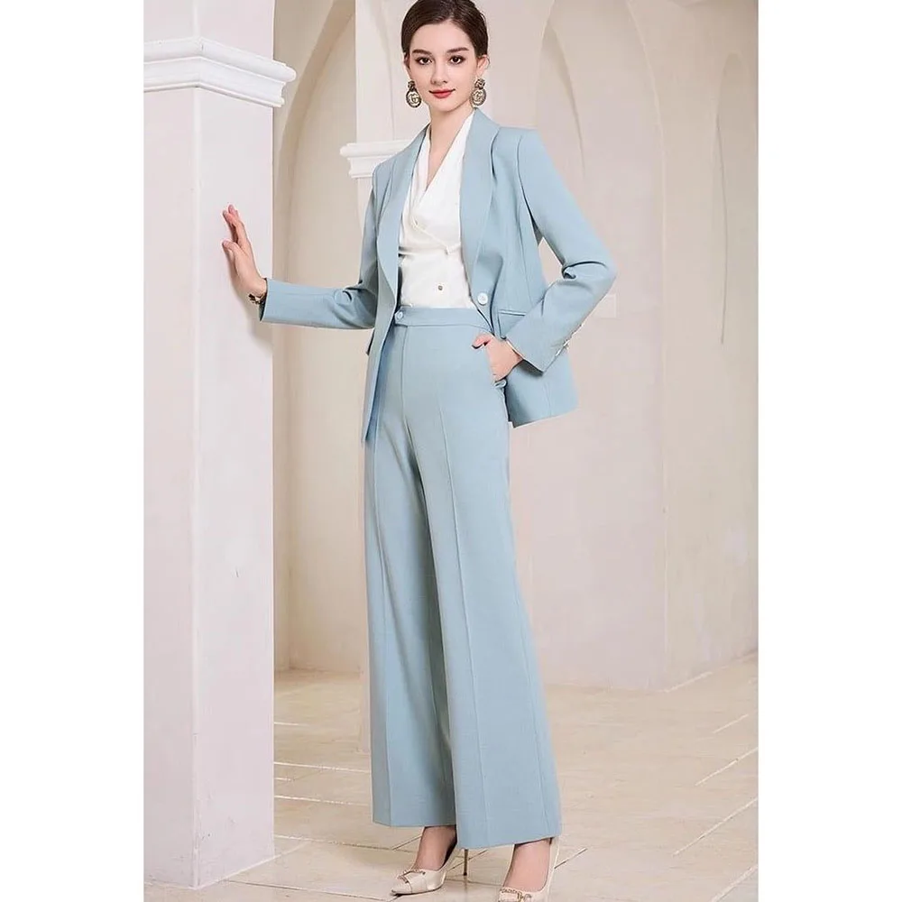 Elegant Blue Suits for Women Shawl Lapel Single Button 2 Piece Jacket Pants Female Clothing Office Banquet Office Lady's Costume