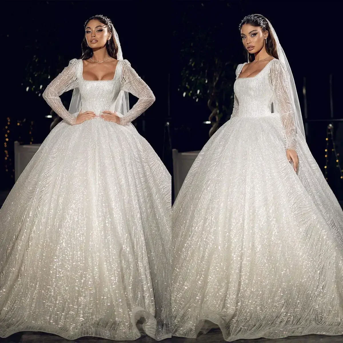 

Luxurious Sparkling A-line Lace Bead Embroidery Women's Wedding Dress Sexy Square Neck Long Sleeve Ball Bridal Dress Customized