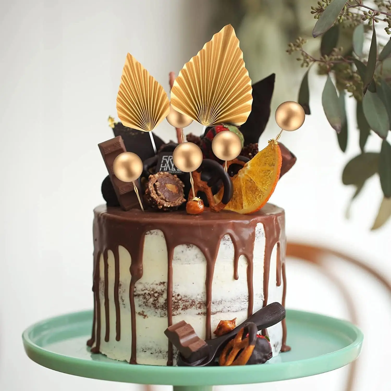 كرات ذهبية من القبعات العالية للكعك ، أوراق النخيل ، ديكورات ، ديكورات لأعياد الميلاد ، استحمام الطفل ، ديكور حفل الزفاف ، 28 بوصة