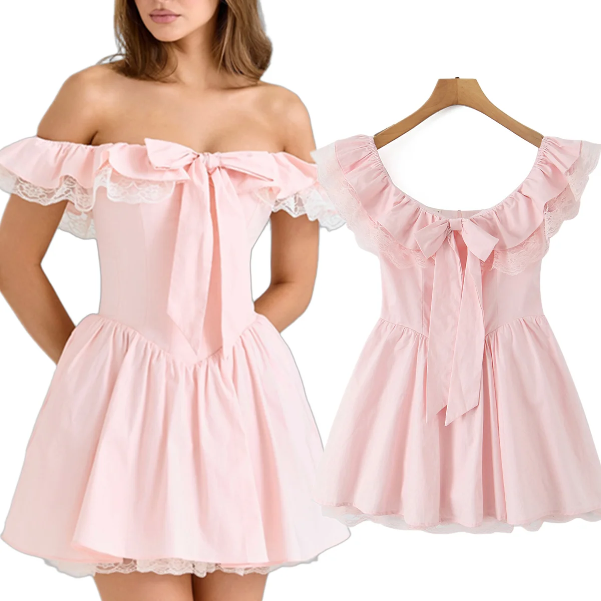 

Maxdutti French Fashion Women's Pink Off-Shoulder Tube Dress Women Bow Lace Panel Sexy Mini Dress Party Dresses Vestidos