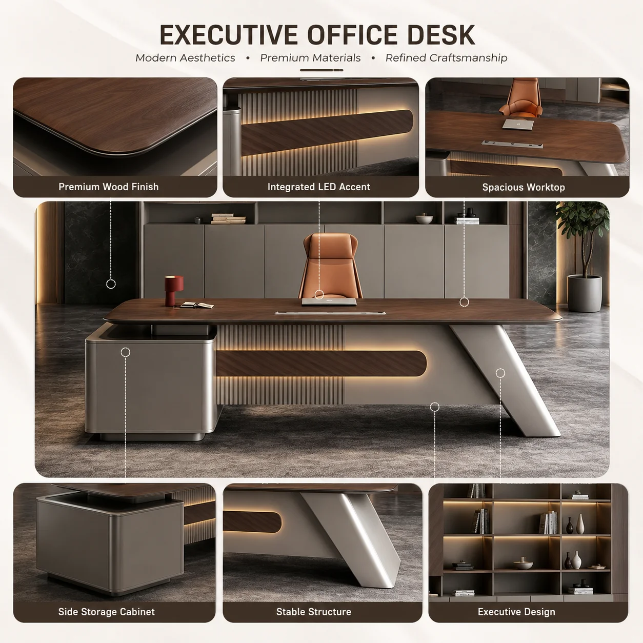 Modern Luxury Executive Office Desk With Side Cabinet Large CEO Manager Table For Corporate Office