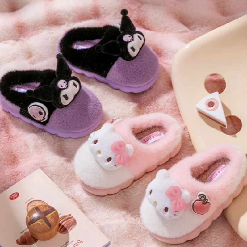 Sanrio Hello Kitty Autumn and Winter Ladies Plush Warm Cotton Slippers Cute Kulomie Indoor Thickened Non-slip Home Slippers