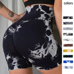 Seamless Tie Dye Sport Shorts For Women Summer Elastic Scrunch High Waist Push Up Tummy Control Gym Fitness Workout Yoga Shorts