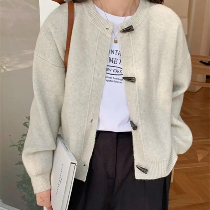 Unique Cow Horn Button Cardigan Sweater for Women's Autumn Winter New Korean Version Loose Knitted Jacket Temperament Trendy Top